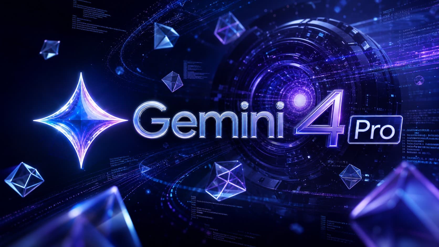 شعار نموذج Gemini 4 Pro محاط بنجمة غوغل المضيئة ومجسمات ثلاثية الأبعاد تعبر عن قدرات الذكاء الاصطناعي المتقدمة.
