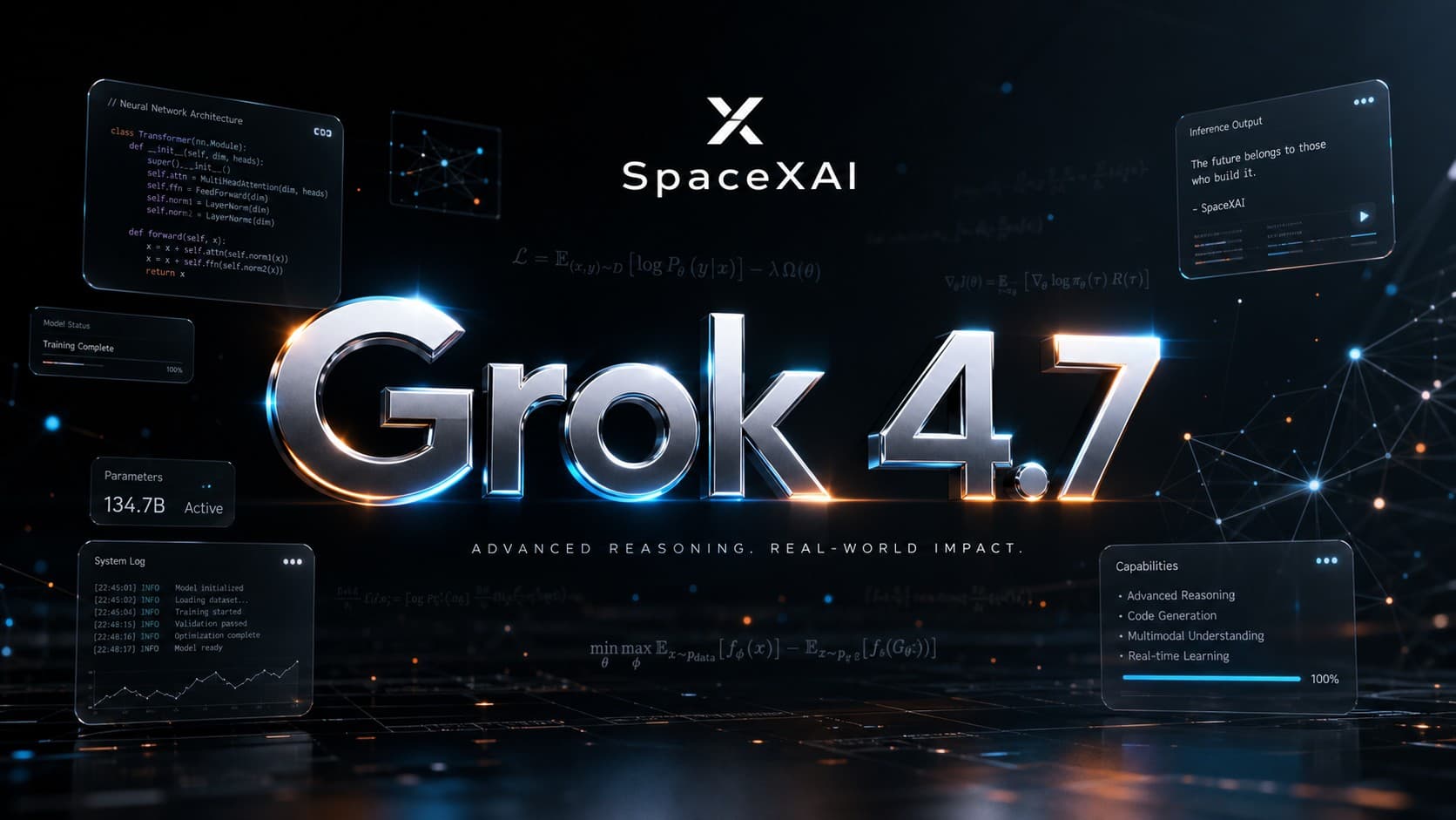 شعار سبيس إكس إيه آي ونموذج Grok 4.7 للذكاء الاصطناعي والبرمجة مع واجهات تقنية وشفرات عصبية متقدمة.