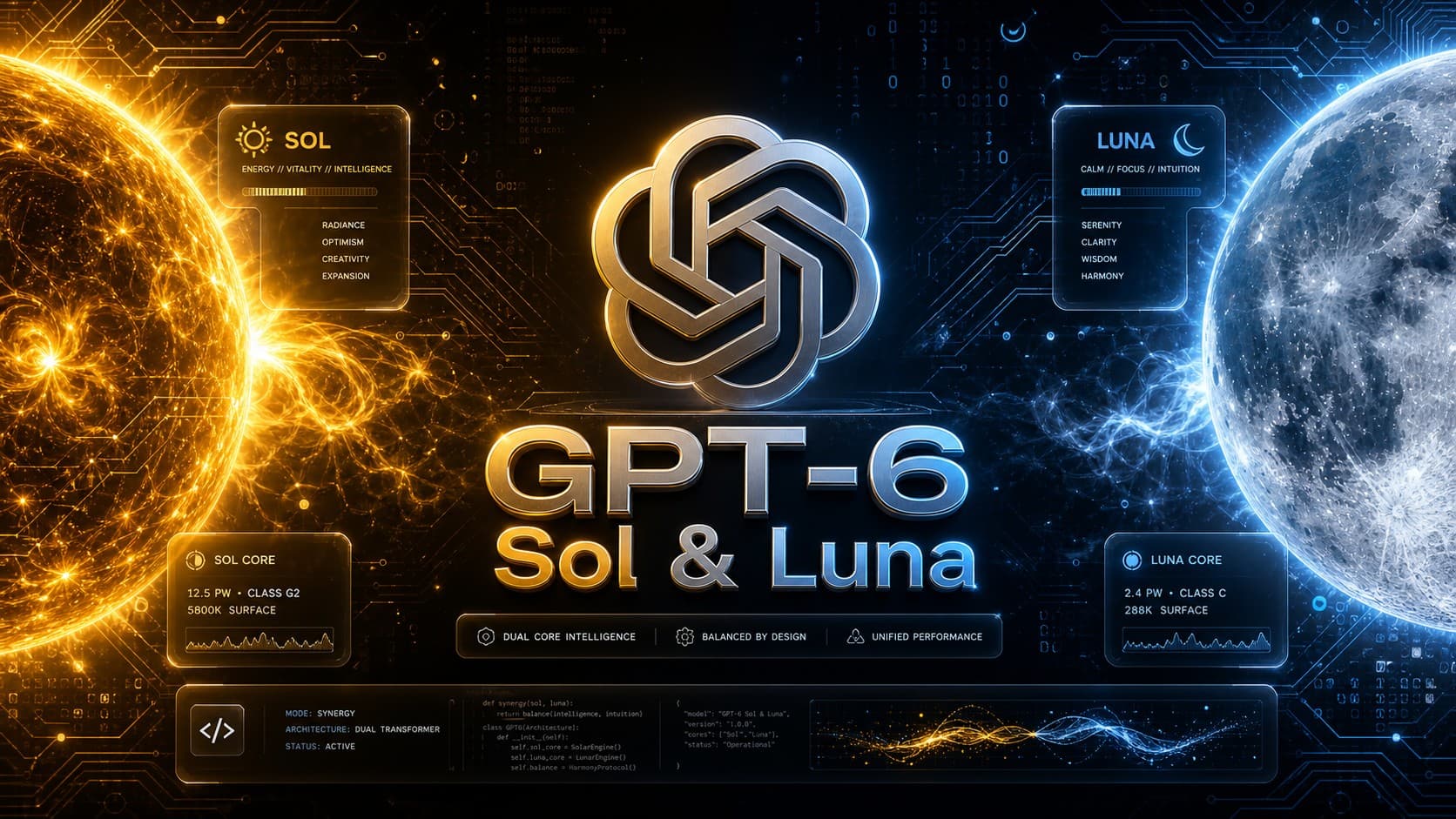 The OpenAI logo centered above bold 3D text reading GPT-6 Sol & Luna, flanked by a glowing sun and moon with futuristic digital HUD interface graphics.