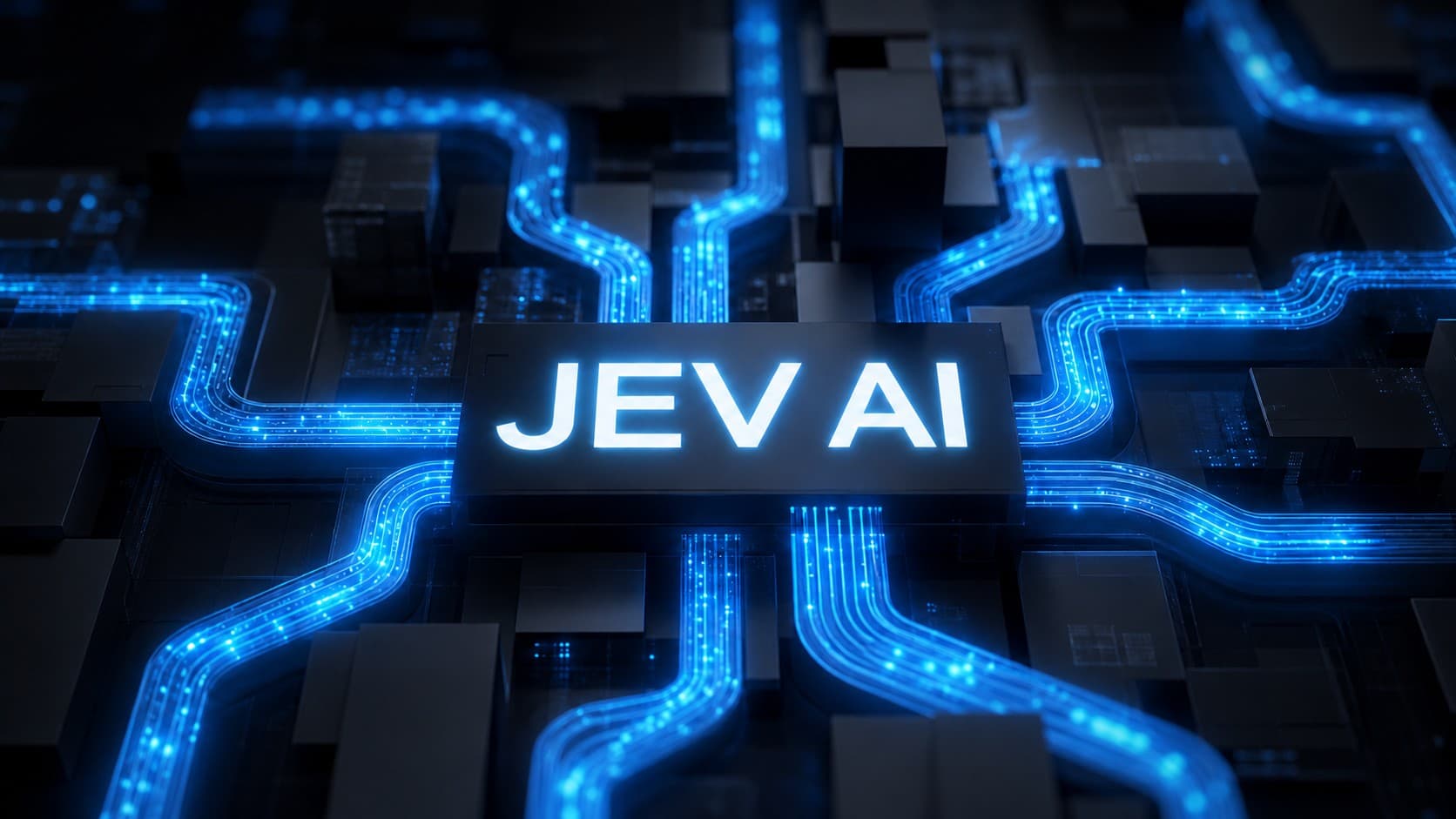 A glowing futuristic electronic chip labeled Jev AI connected to blue circuit pathways, representing TypeSafe's System One decision model for software automation.
