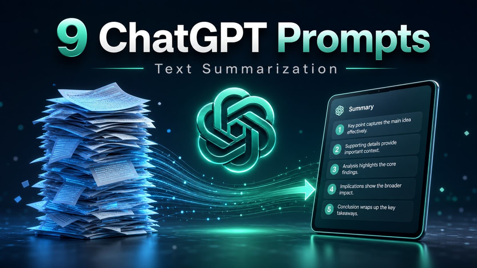 3D illustration of 9 ChatGPT prompts for text summarization showing a large stack of documents condensed into an organized 5-point summary on a tablet with a glowing ChatGPT logo