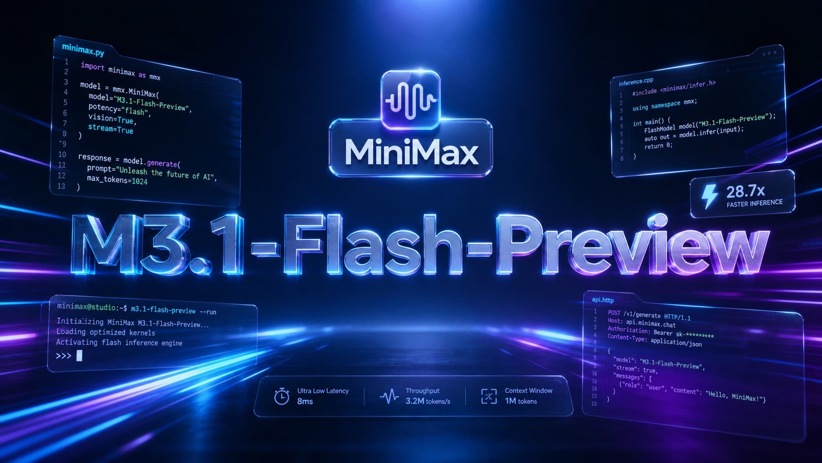 Glowing MiniMax logo and 3D M3.1-Flash-Preview text surrounded by holographic code snippets, terminal windows, and AI speed metrics