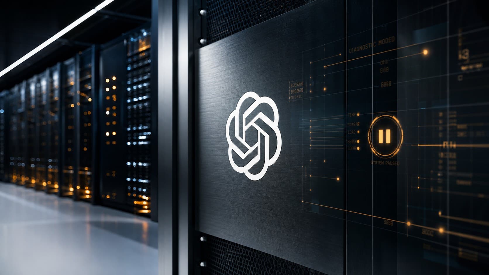شعار أوبن إيه آي مضاء على خوادم مركز بيانات مع مؤشر إيقاف مؤقت باللون البرتقالي يرمز إلى تعليق تدريب النماذج الجديدة.