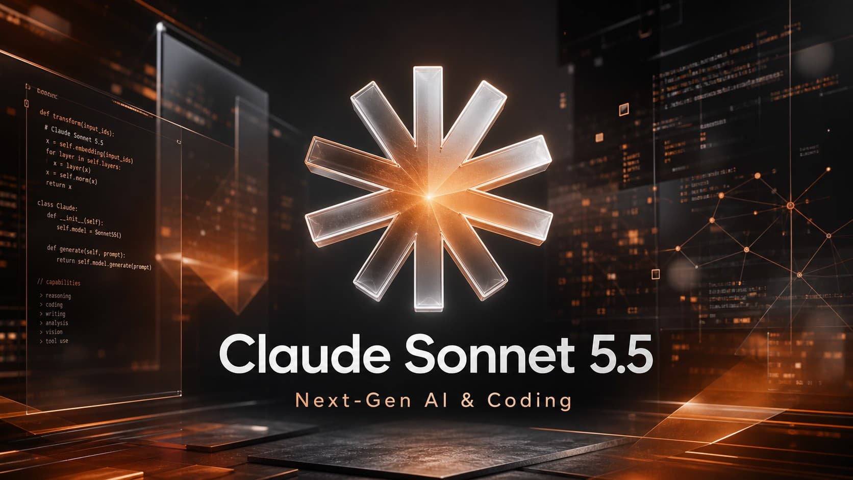 Featured banner for Claude Sonnet 5.5 displaying the glowing Anthropic 3D logo with code interface panels and Next-Gen AI & Coding text.
