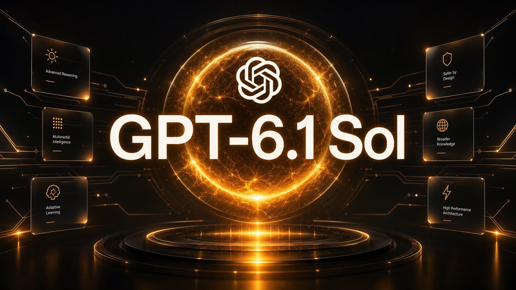 A 3D graphic of the OpenAI logo and bold GPT-6.1 Sol typography centered in front of a glowing solar orb, surrounded by futuristic holographic interfacebcards showcasing advanced reasoning, performance, and safety features.