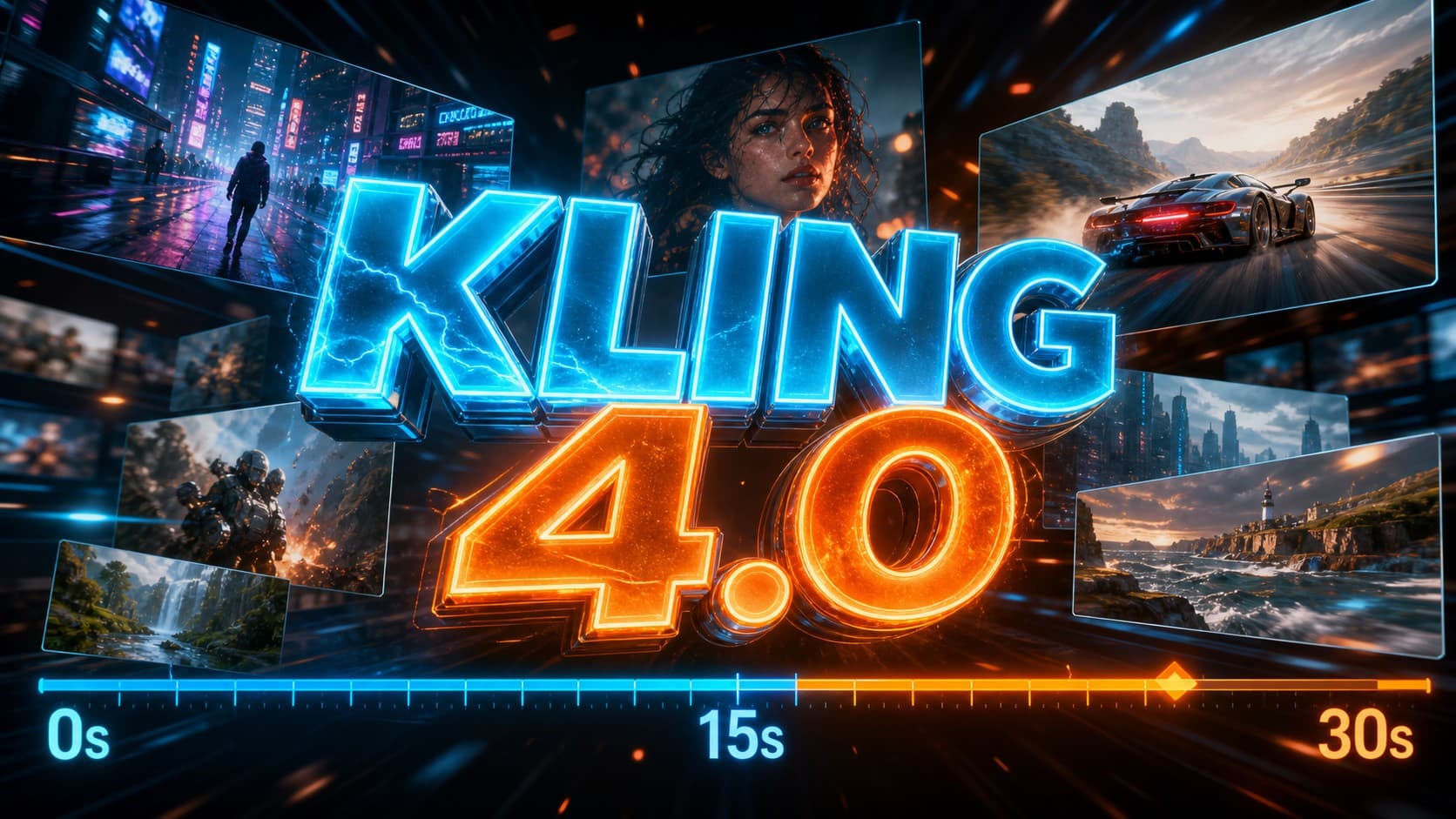 شعار ثلاثي الأبعاد لنموذج Kling 4.0 بألوان نيون مع شريط زمني يمتد حتى 30 ثانية وشاشات معاينة لمشاهد سينمائية مولدة بالذكاء الاصطناعي.