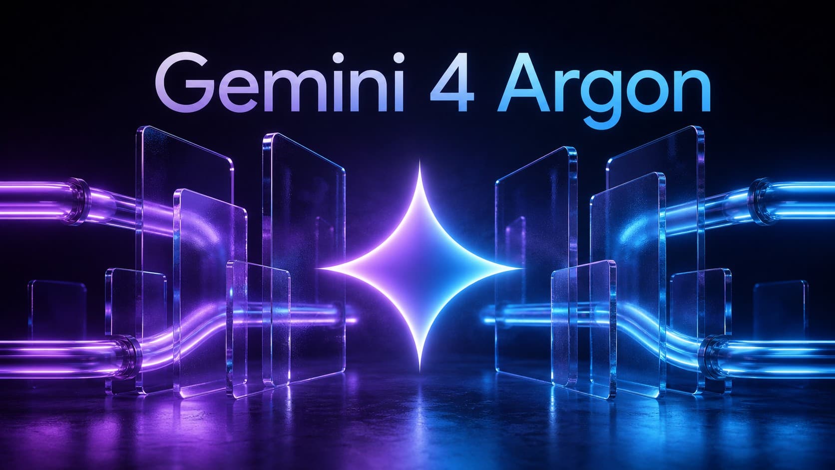 شعار ونموذج Gemini 4 Argon مع نجمة جوجل المضيئة وألواح زجاجية بتصميم نيون مستقبلي