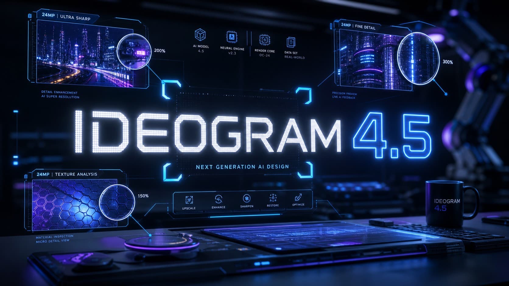 واجهة رقمية مستقبلية تعرض نموذج Ideogram 4.5 وأدوات تحرير وتعديل الصور فائقة الدقة
