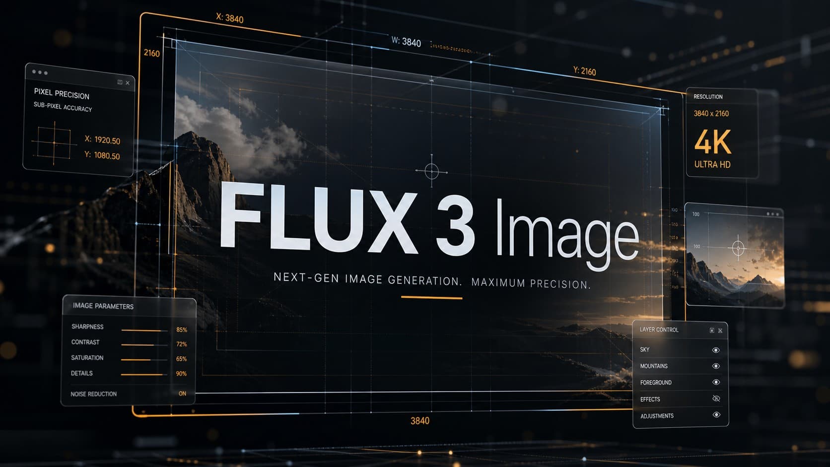شاشة عرض تقنية لواجهة FLUX 3 Image تبرز أدوات ضبط العناصر وتحرير البكسل ودقة 4K