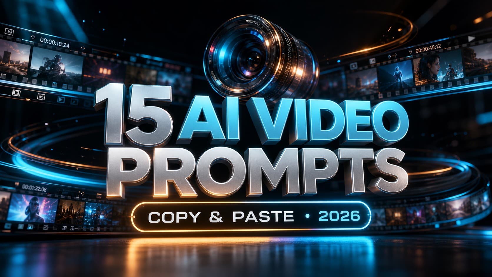 Hero banner featuring 3D metallic text reading 15 AI Video Prompts Copy and Paste 2026 with a futuristic camera lens and cinematic filmstrips