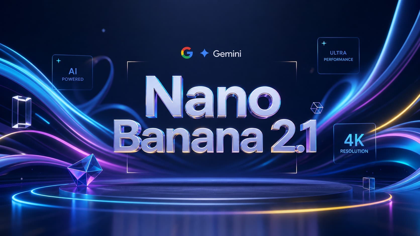 شعار نموذج الذكاء الاصطناعي Nano Banana 2.1 من غوغل جيميني لتوليد وتعديل الصور بدقة 4K مع خلفية نيون زرقاء وتصميم ثلاثي الأبعاد.