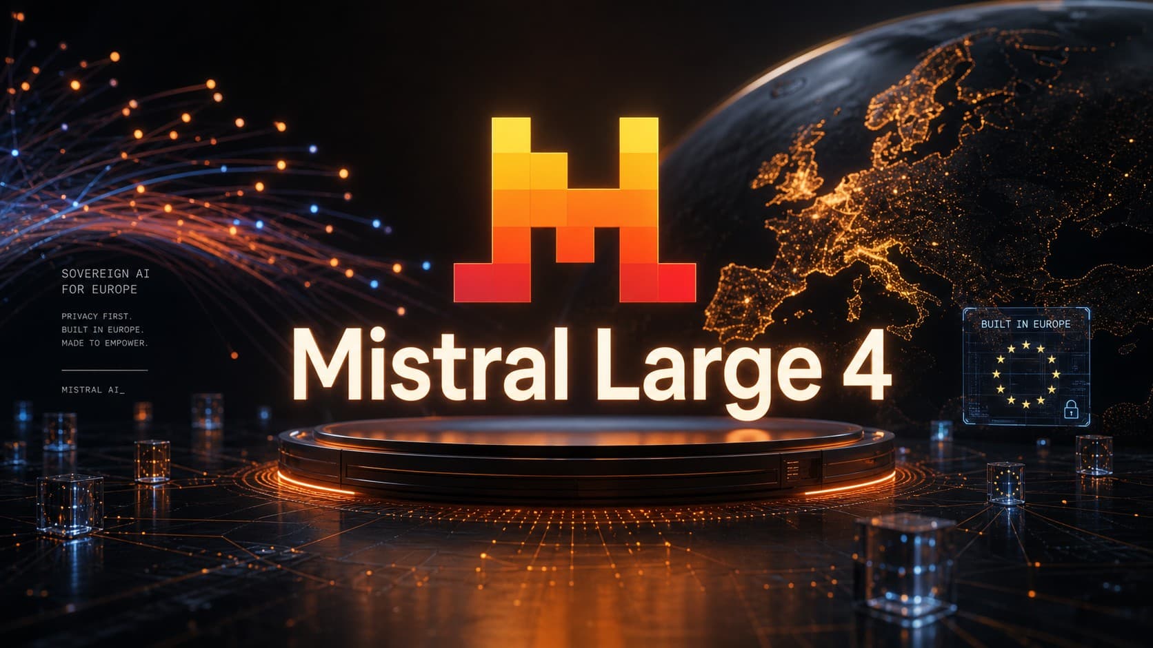 شعار نموذج Mistral Large 4 للذكاء الاصطناعي على منصة رقمية مستقبلية مع خريطة أوروبا المضيئة وشعار السيادة الرقمية.