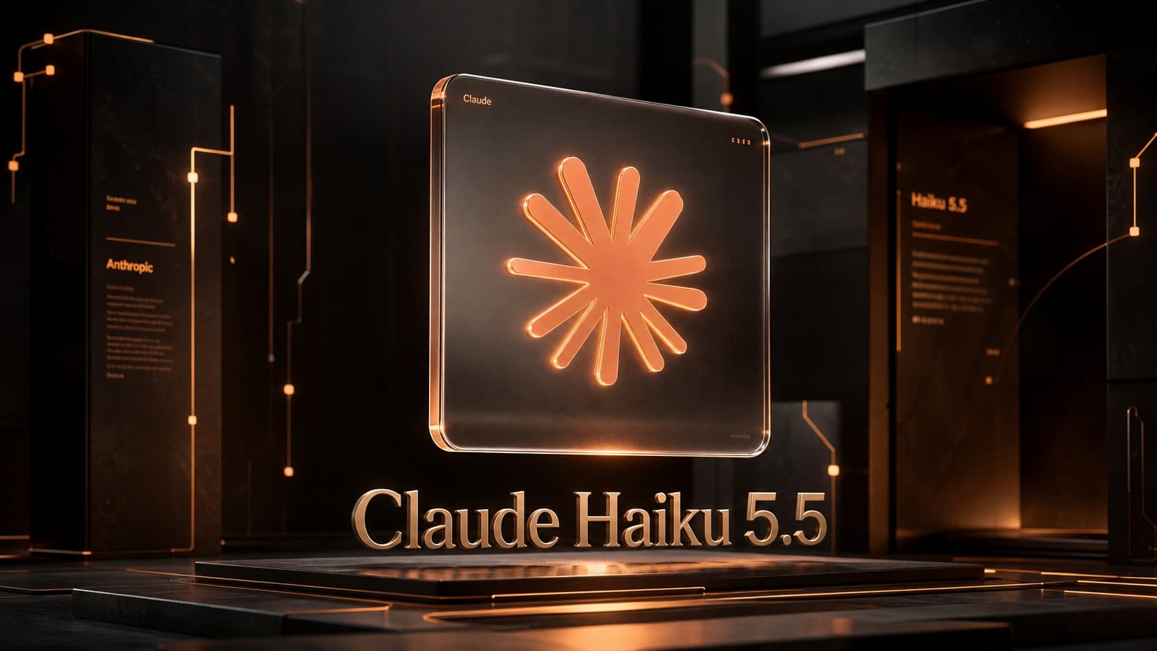 شعار Claude المتوهج باللون الكهرماني مع نص ثلاثي الأبعاد لنموذج الذكاء الاصطناعي Claude Haiku 5.5 من شركة أنثروبيك