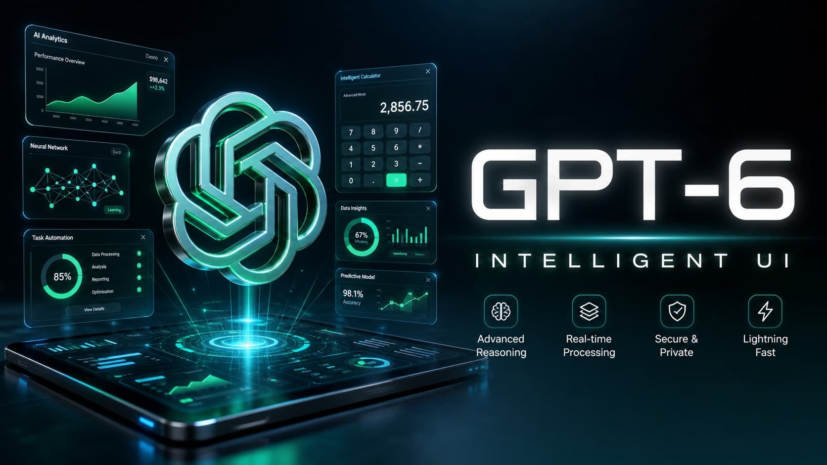 A luminous 3D glowing ChatGPT logo emerging from an interactive tablet with data analytics widgets, a calculator, and bold GPT-6 Intelligent UI typography.