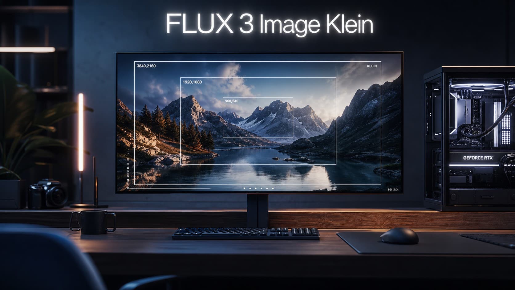 شاشة مكتبية تعرض واجهة نموذج FLUX 3 Image Klein بدقة 4K ومربعات التحديد بجانب حاسوب مكتبي مزود ببطاقة GeForce RTX.