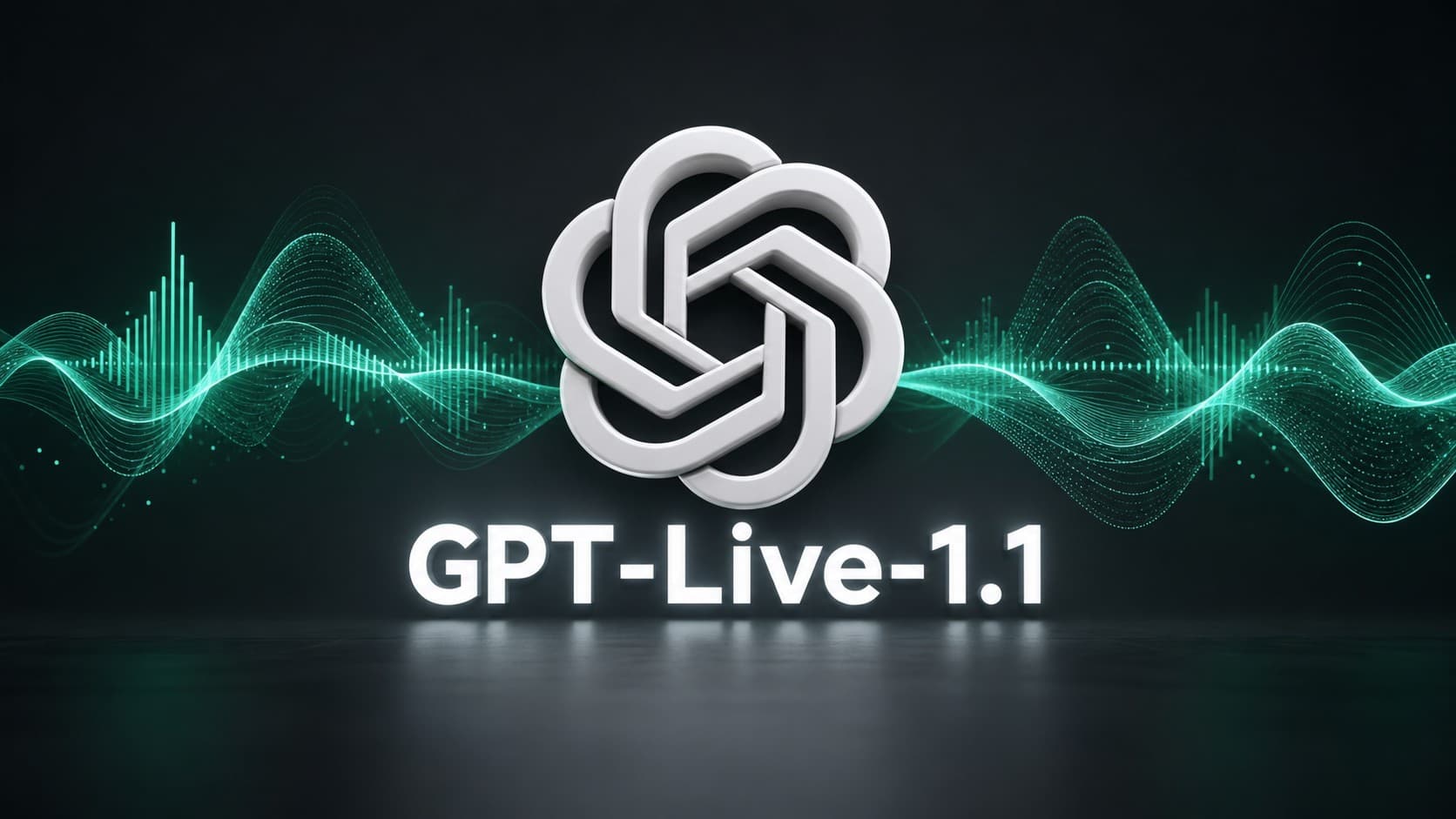 شعار أوبن إيه آي (OpenAI) ثلاثي الأبعاد باللون الأبيض يعلو نصGPT-Live-1.1 مع موجات صوتية متوهجة باللون الأخضر تمثل تحديث الصوت الجديد في ChatGPT.