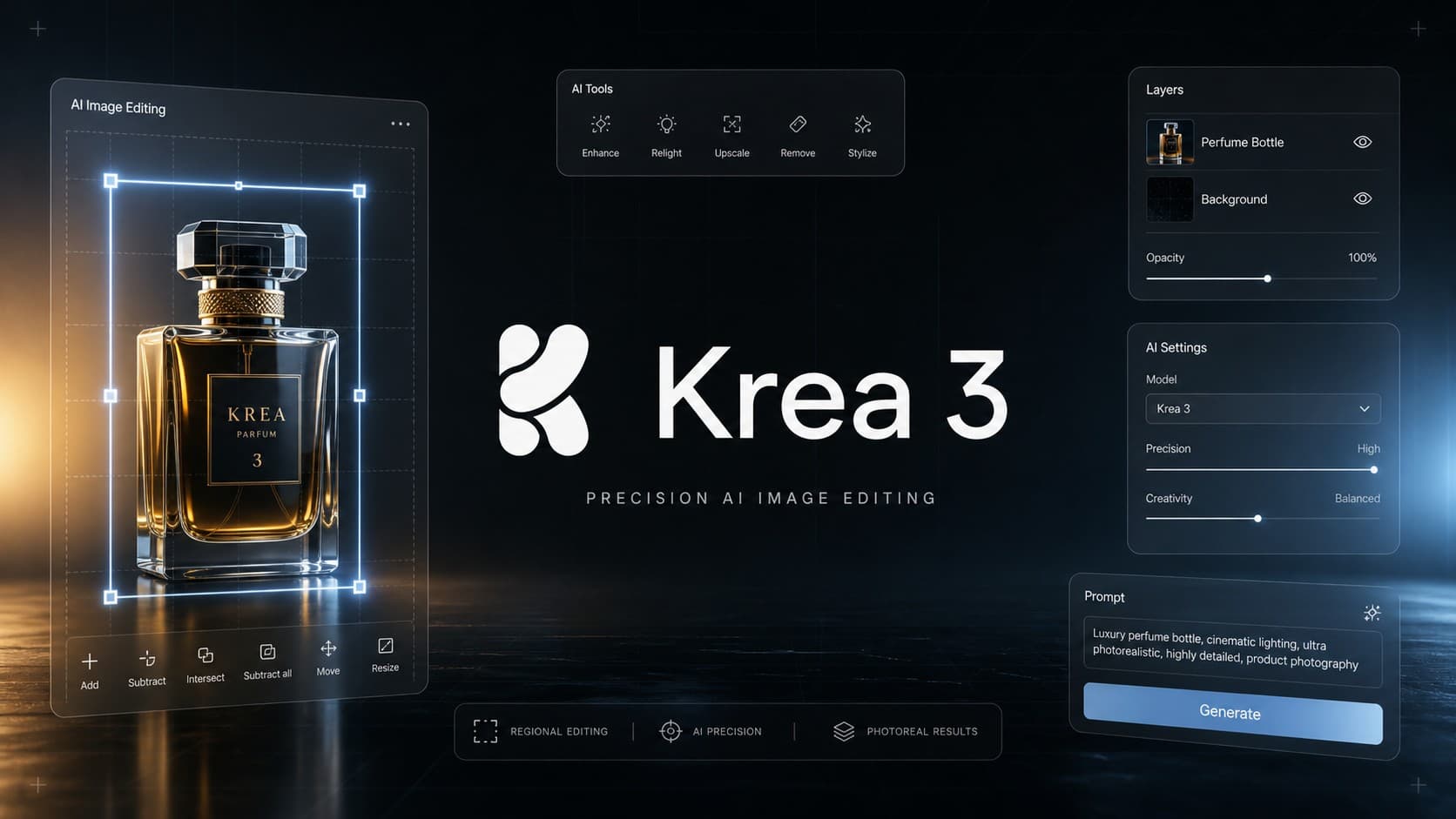 واجهة Krea 3 لتحرير الصور بالذكاء الاصطناعي تعرض التحديد الموضعي لزجاجة عطر مع شعار المنصة وأدوات التحكم بدقة 2K