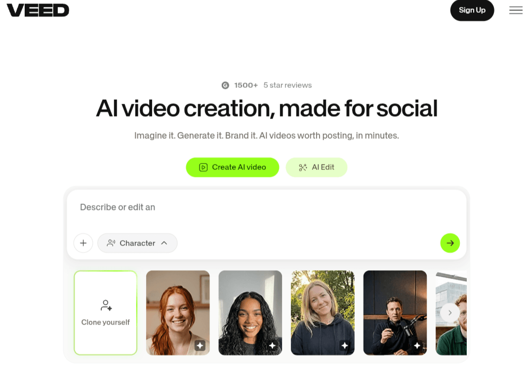 واجهة الصفحة الرئيسية لموقع VEED.io تعرض مربع توليد الفيديو بالذكاء الاصطناعي واختيار الشخصيات الرقمية.