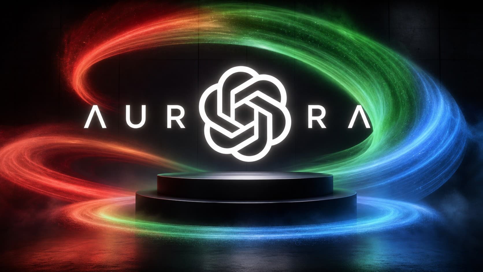OpenAI logo embedded inside the word Aurora on a sleek blackpedestal surrounded by swirling red, green, and blue light streams representing image generation models.