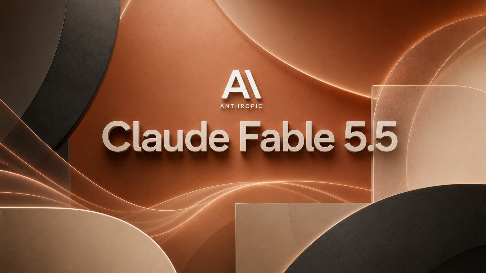 Featured banner showing the Anthropic logo and 3D typography of the Claude Fable 5.5 AI model over a minimalist terracotta and charcoal geometric background.