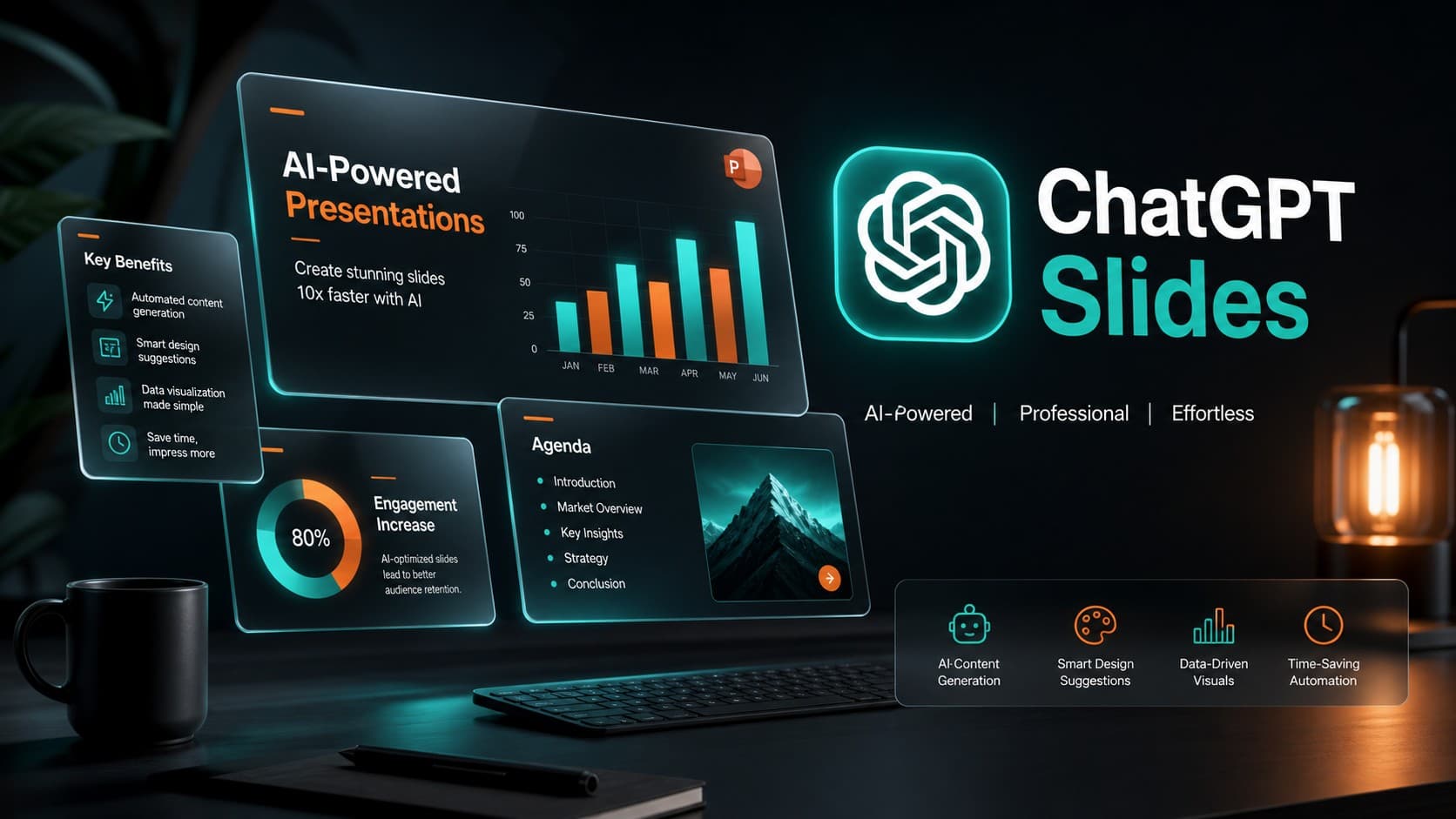 واجهة توضيحية لميزة ChatGPT Slides لإنشاء عروض PowerPoint التقديمية بالذكاء الاصطناعي مع شرائح تفاعلية ورسوم بيانية