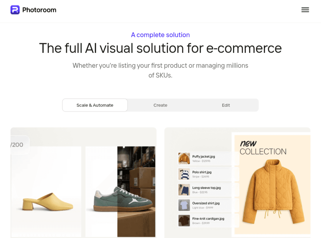 PhotoRoom platform interface showcasing AI visual solutions and automated product photo editing for e-commerce