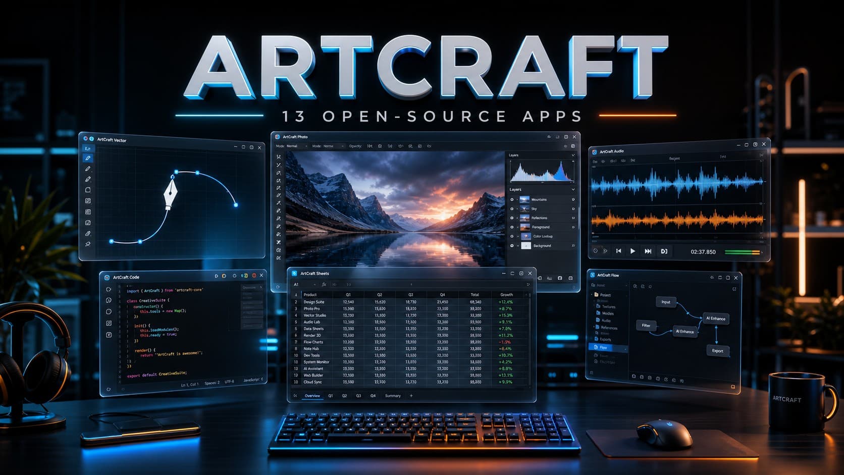 رسم ثلاثي الأبعاد لمحطة عمل بمظهر داكن تعرض واجهات حزمة ArtCraft المكونة من 13 تطبيقاً مفتوح المصدر للتصميم وجداول البيانات والصوت مع نص ARTCRAFT 13 OPEN-SOURCE APPS.