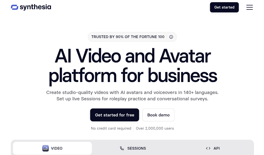 Synthesia AI homepage displaying the AI video and avatar platform for business with multilingual voiceovers