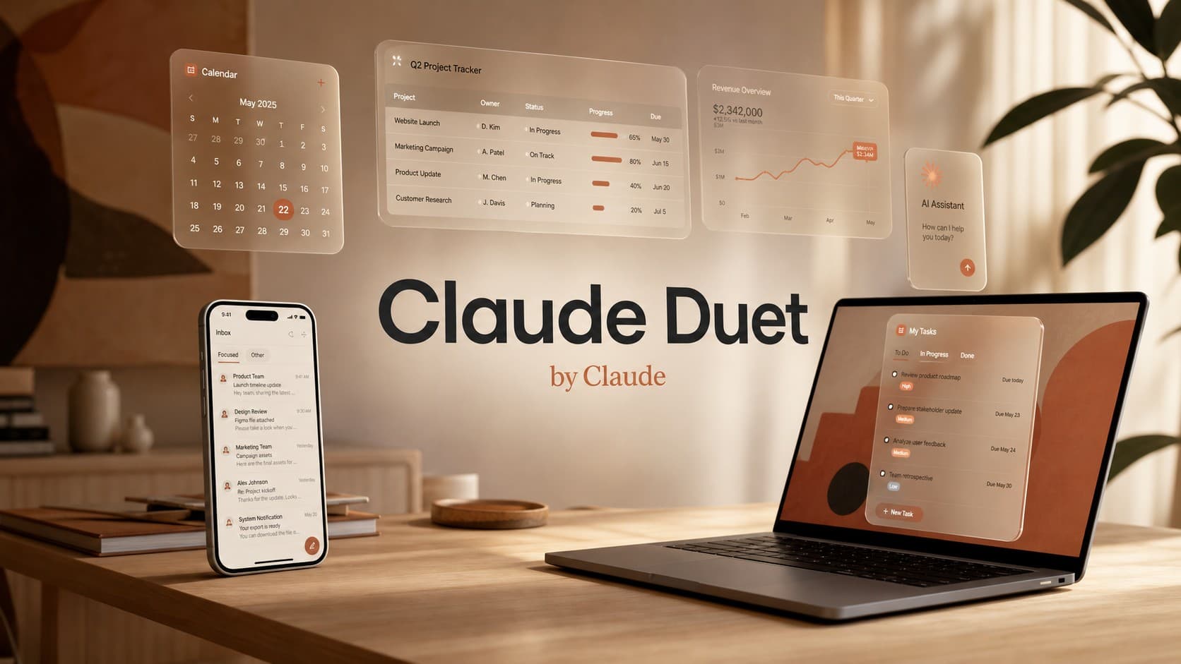 واجهة المساعد الذكي كلود دويت (Claude Duet) على هاتف وحاسوب محمول تعرض لوحات متابعة المشروعات والمهام وجداول الأعمال اليومية