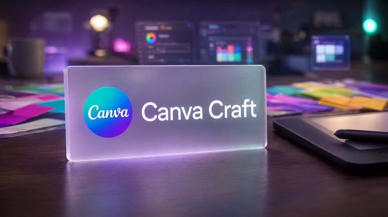 لوح زجاجي مضيء يحمل شعار كانفا كرافت Canva Craft على مكتب تصميم حديث بجوار قلم ولوح رسم رقمي، يعبر عن نموذج توليد الصور بالذكاء الاصطناعي.