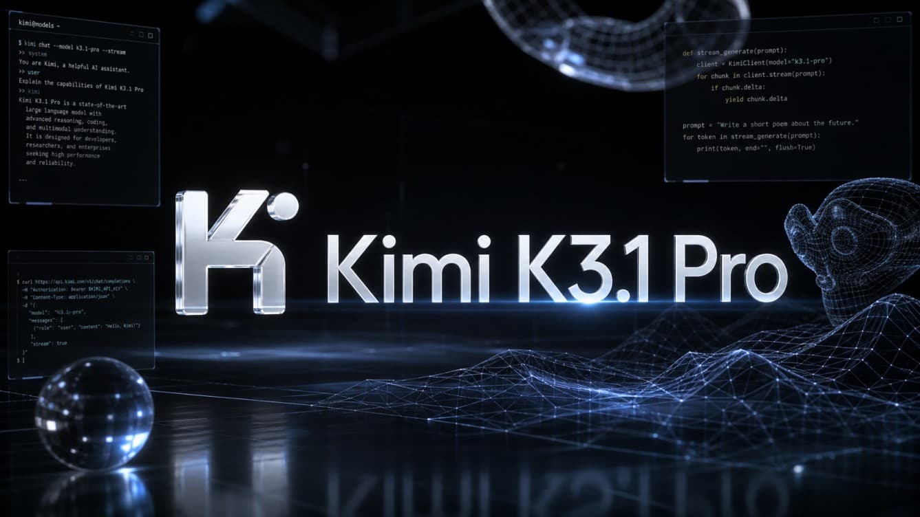 شعار واسم نموذج Kimi K3.1 Pro من Moonshot AI مع نوافذ أوامر برمجية وشبكات سلكية ثلاثية الأبعاد تعبر عن قدرات كتابة الكود والنمذجة ثلاثية الأبعاد.