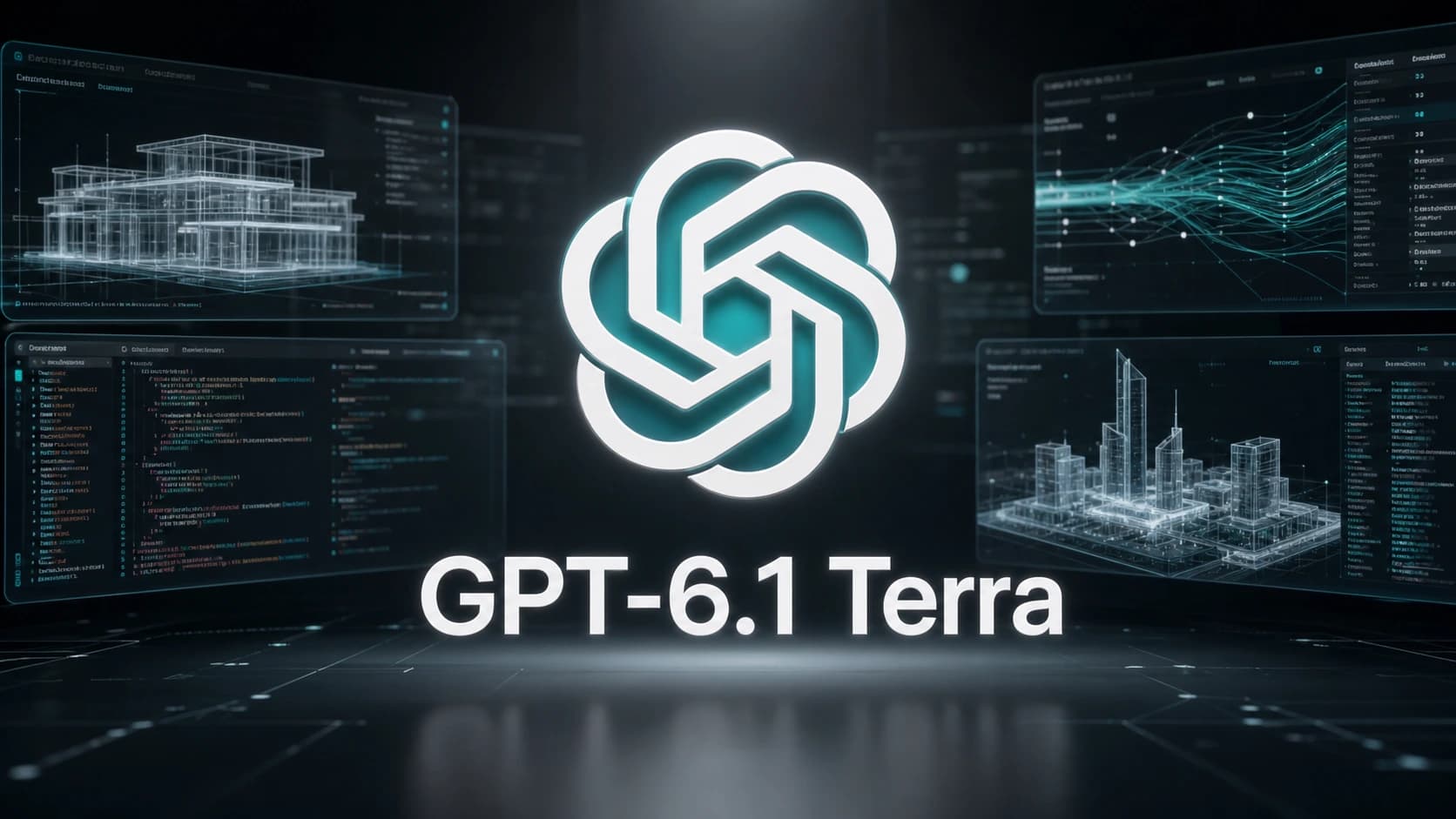 Luminous OpenAI ChatGPT logo above GPT-6.1 Terra typography, surrounded by holographic UI screens displaying 3D architectural CAD models, data graphs,and code editor interfaces.