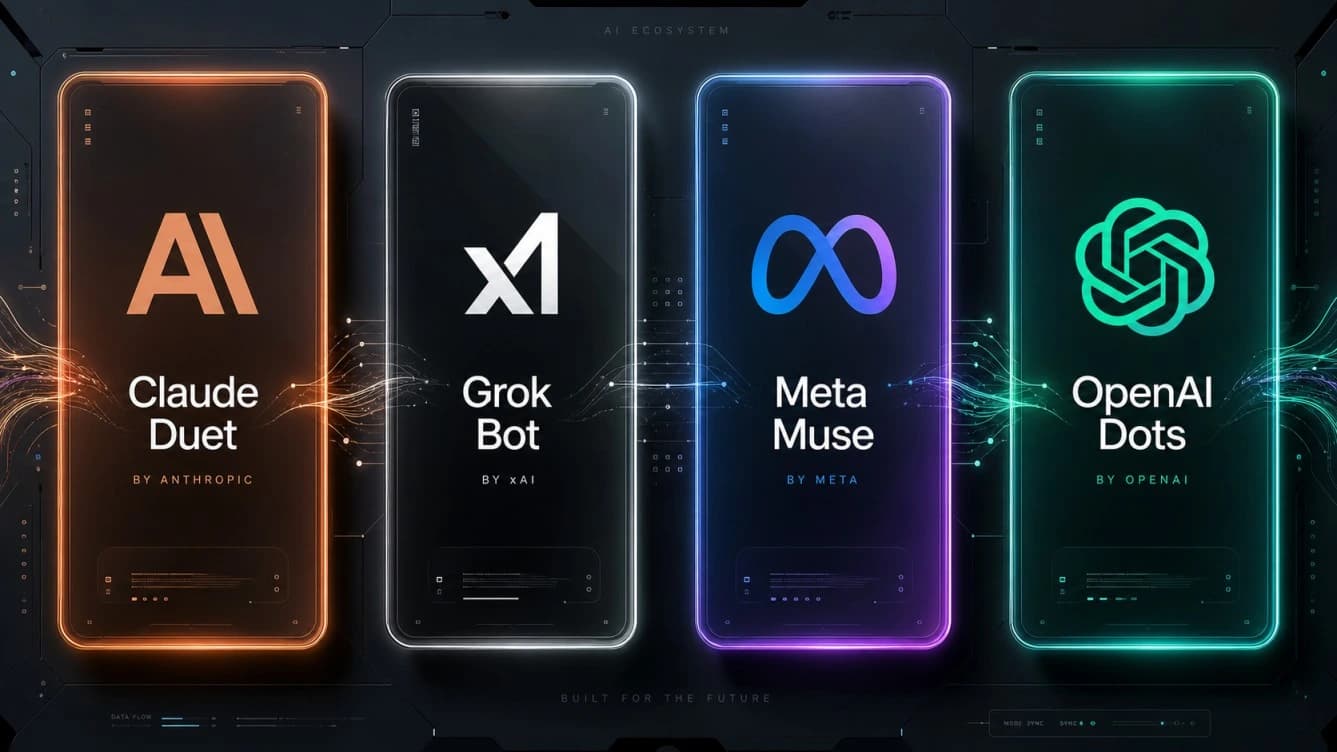 مقارنة بصرية بين وكلاء الذكاء الاصطناعي: Claude Duet وGrok Bot وMeta Muse وOpenAI Dots مع شعارات الشركات المطورة.