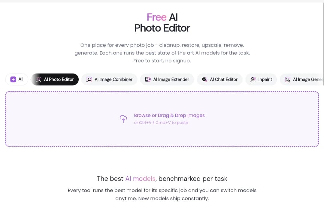 Photoeditor.ai web interface showcasing online AI photo editing tools and drag-and-drop workspace.