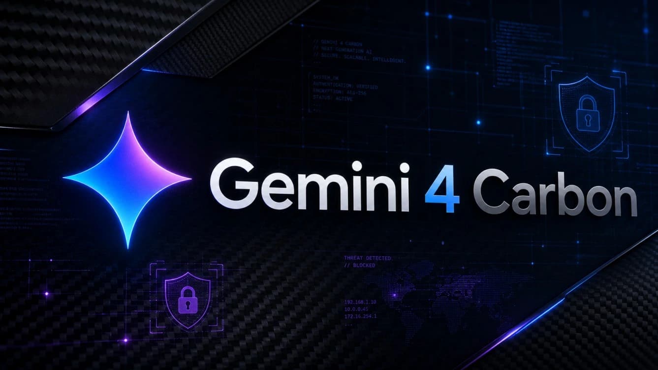شعار نموذج Google Gemini 4 Carbon المتوهج على خلفية من ألياف الكربون مع رموز الأمن السيبراني والأكواد البرمجية