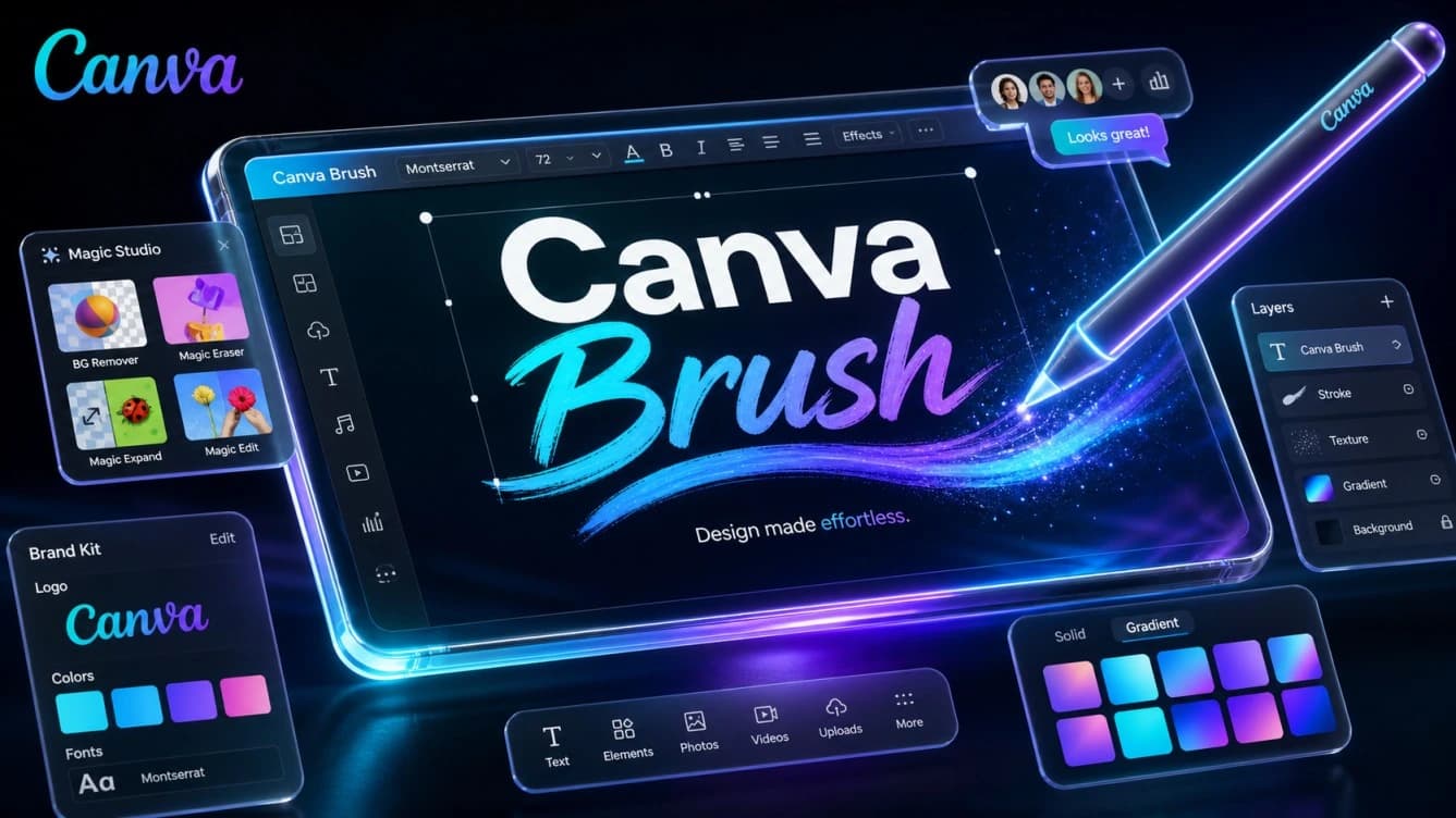 واجهة نموذج Canva Brush الجديد على شاشة لوحية رقمية مع قلم ذكي متوهج وقوائم تحرير التصميمات بالذكاء الاصطناعي وشعار كانفا