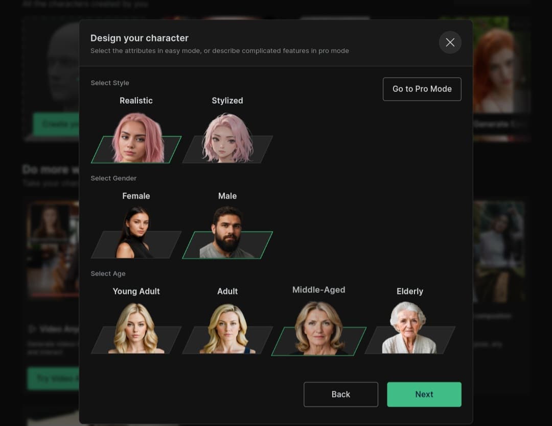 Design your AI Character خيارات تحديد الجنس و السن و نمط الصورة لتصميم الشخصية