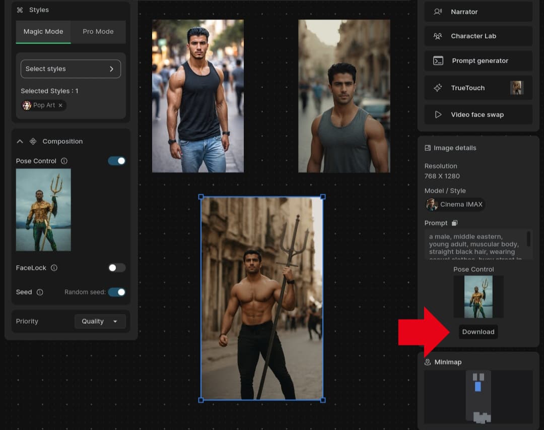 Download AI Character تجربة عملية حيث قمت بإنشاء شخصيات ذكاء اصطناعي بأنماط مختلفة ثم الضغط على زر تنزيل الصورة