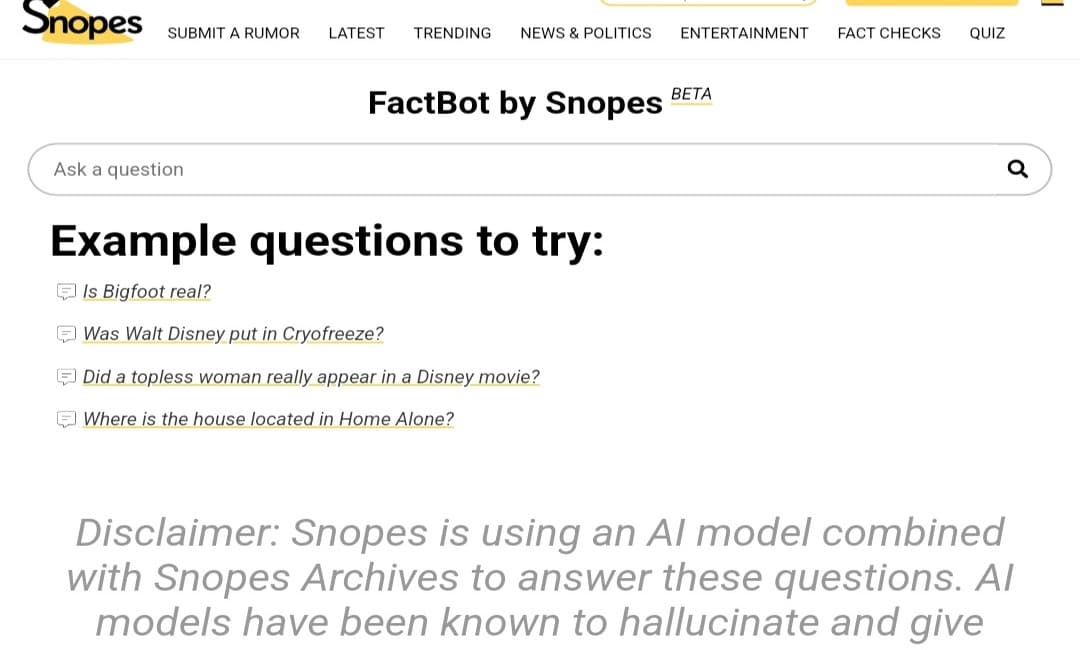 أداة Factbot من Snopes للبحث عن الحقائق