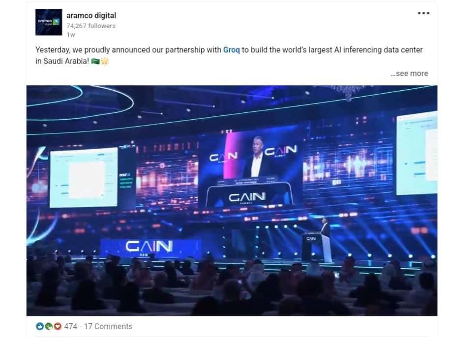 Groq and aramco partnership لقطة شاشة من منشور شركة أرامكو ديجيتال عبر LinkedIn حيث أعلنت شراكتها مع Groq لبناء أكبر مركز لمعالجة البيانات بالذكاء الاصطناعي بالعالم في السعودية