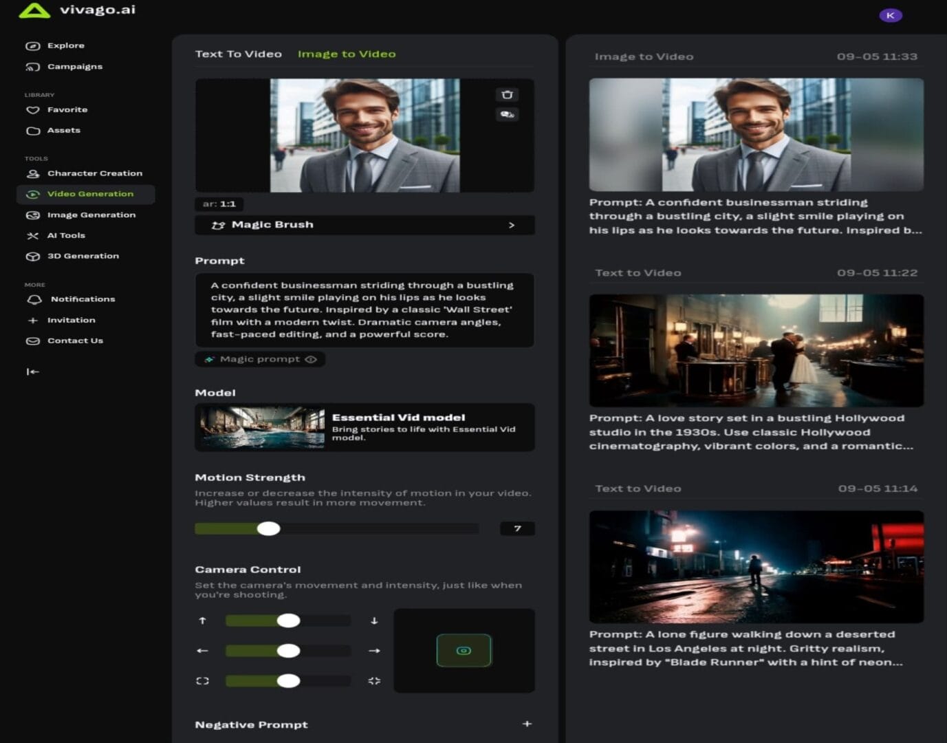 Image to Video vivago.ai Interface of the free video generator with a practical example of converting an image into a video.