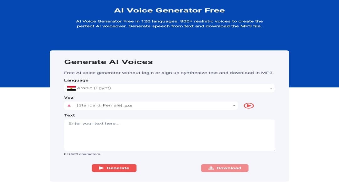 واجهة أداة aivoicegenerator.com حيث يظهر خيار تحويل الكلام المكتوب إلى صوت عربي مجانًا