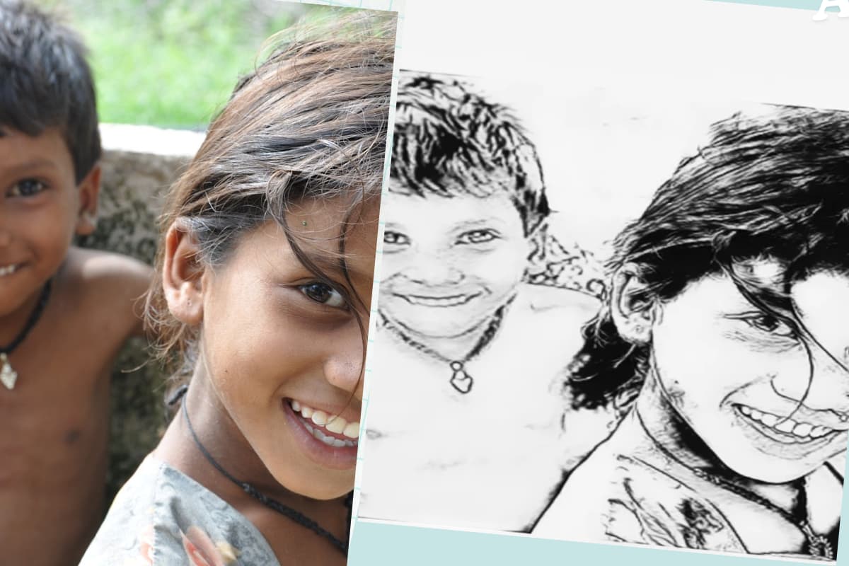 تحويل الصور إلى سكتش صورة لطفلين قبل و بعد التحويل إلى رسمة فنية رائعة مما يعكس قوة التصميم بال AI مع أداتنا