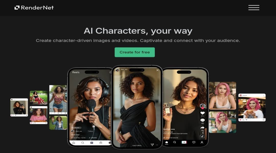 واجهة المستخدم في موقع RenderNet.ai حيث تظهر أدوات التصميم المختلفة بالذكاء الاصطناعي المختلفةة