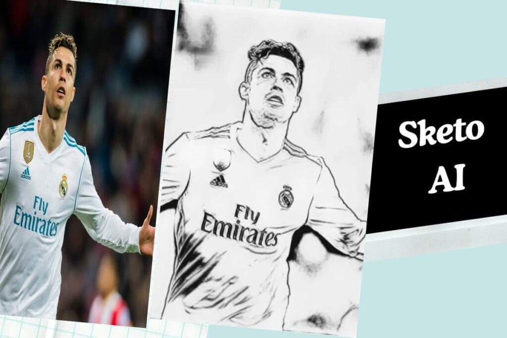 Sketo-ai-example مثال على تحويل صورة لكريستيانو رونالدو إلى رسم اسكتش باستخدام مولد الرسومات بالذكاء الاصطناعي Sketo AI