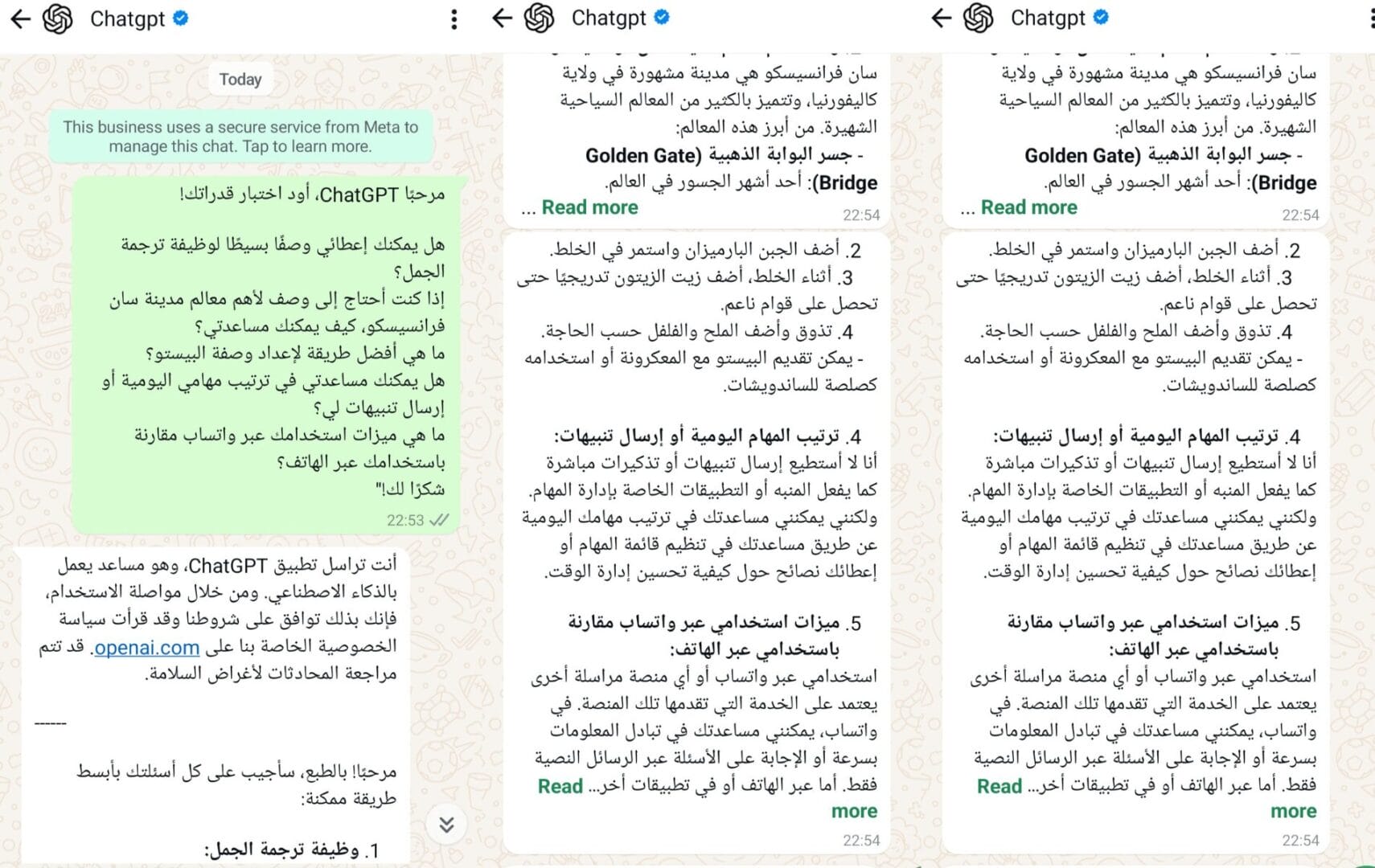 ChatGPT On WhatsApp لقطة شاشة من الدردشة مع ChatGPT عبر الواتساب