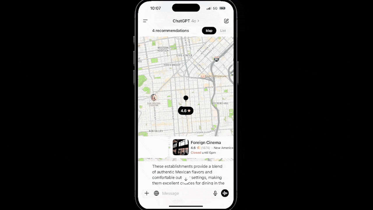 Chatgpt maps at mobile apps البحث باستخدام ChatGPT Search مدعوما بالخرائط في الهواتف