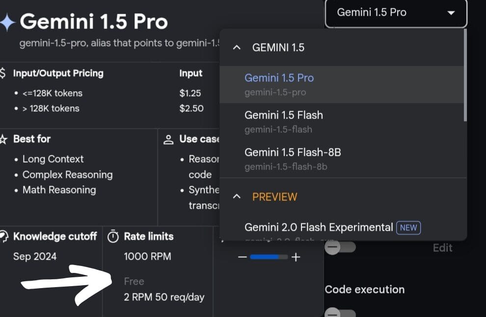 حدود الاستخدام المجاني لنموذج Gemini Pro 1.5 داخل منصة ai studio حدود الاستخدام المجاني لنموذج Gemini Pro 1.5 داخل منصة ai studio