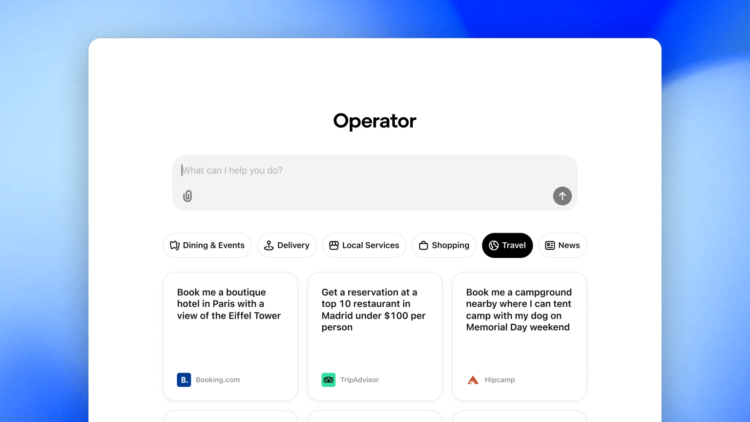 Openai Operator واجهة قدرات Operator حجز الفنادق، إجراء حجوزات المطاعم، التسوق عبر الإنترنت،