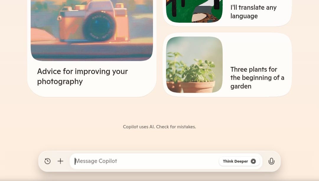 واجهة المستخدم في Microsoft Copliot مع ميزة "Think Deeper"